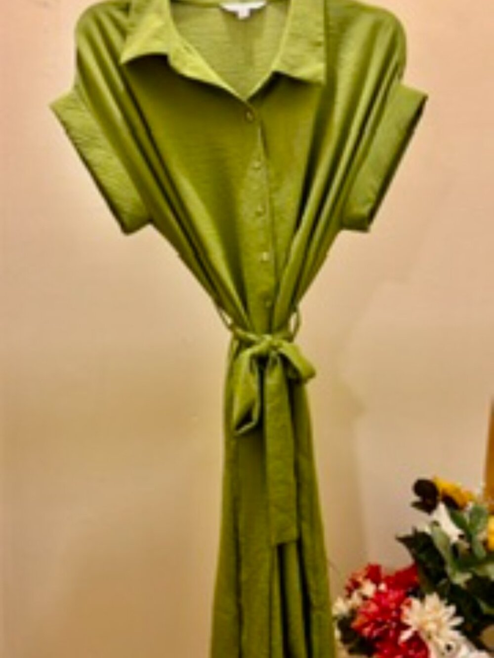 Ophelia Roe Olive Green Crinkle Button Front Belted Maxi Dress M